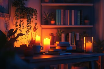 A lifestyle blogger styling a cozy setup with books, tea, and ambient lighting.