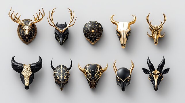 Elegant Black and Gold Animal Skull 3D Render Collection AI Generated