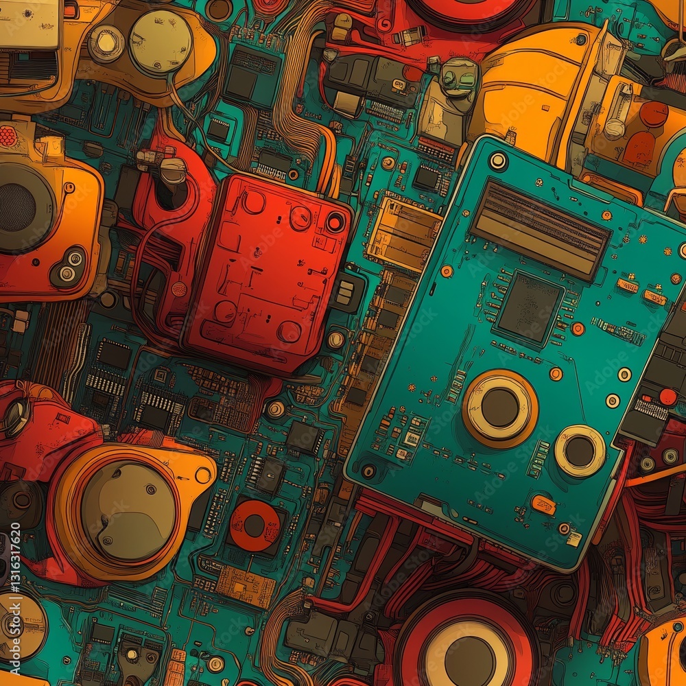 Poster futuristic technology of stock hardware and cpu microchip is illustrated through a seamless pattern 