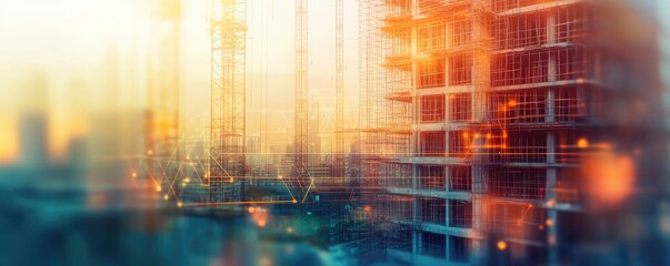 Obraz premium Construction site cityscape at sunrise