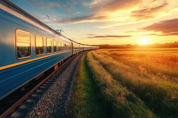 Obraz premium Scenic countryside view as a commuter train glides through lush landscapes and rolling hills.