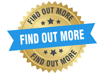 find out more. find out more round blue and gold label isolated on transparent background