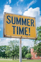 "Vintage 'Summer Time!' Sign with Bright Yellow Background in Serene Outdoor Setting"