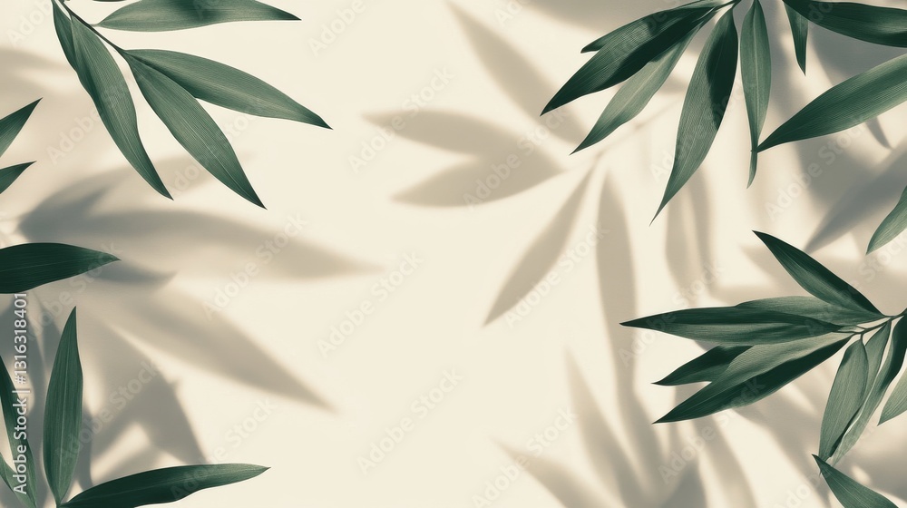 Poster minimalist botanical frame with ruscus leaves and shadows on cream background