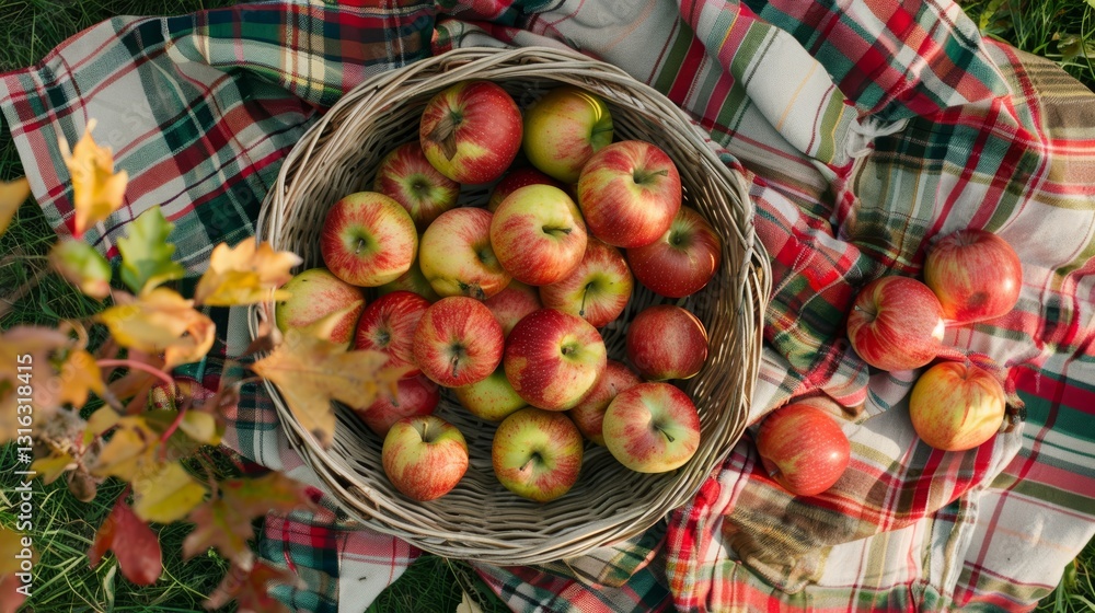 Poster fresh apples in a wicker basket at a summer picnic from top view