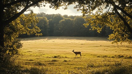 Fototapeta premium A deer standing alone in a sunlit field surrounded by trees