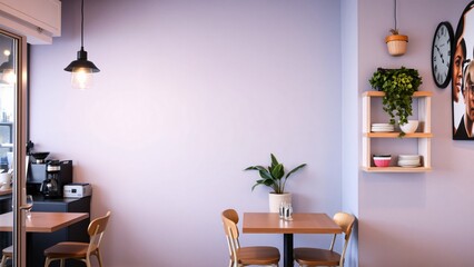 Modern Cafe Interior with Lavender Walls and Wooden Accents