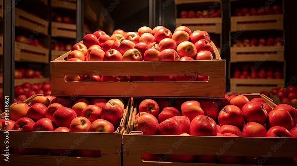 Poster fresh apples stored in boxes on shelves in a retail store environment with clean lines and minimalis