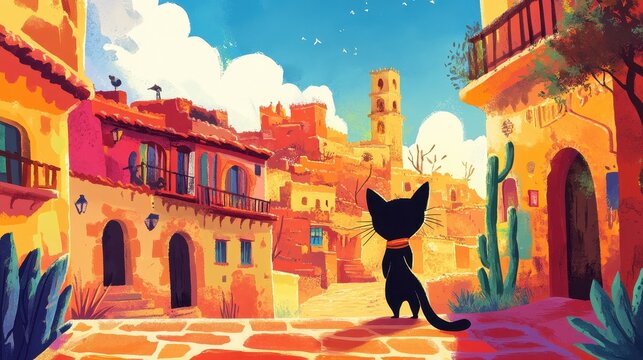 A curious black cat gazes upon a colorful vibrant town scene