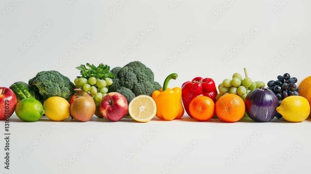 Poster fresh assorted fruits and vegetables on display with minimalistic perfect focus