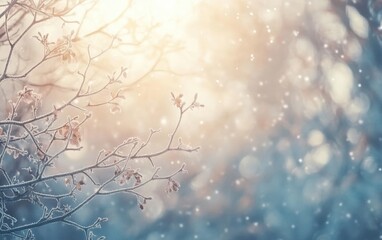 Dreamy Winter Scene Frosted Tree Branches with Sparkling Snowflakes on a Soft Pastel Background.