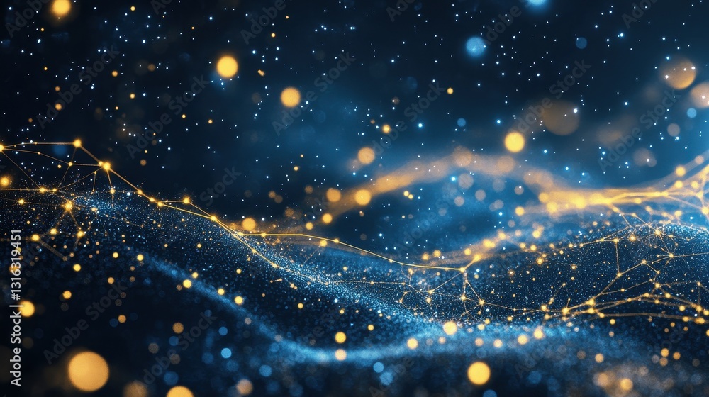 Poster abstract deep blue network with golden nodes and glowing connections, futuristic technology backgrou
