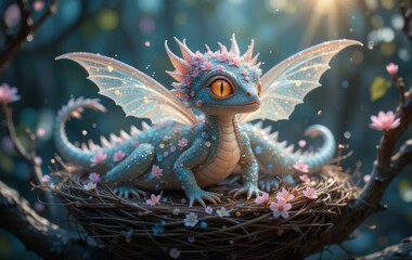 Fototapeta premium A close-up of a dragon's face with a nest and butterfly wings incorporated into its body, surrounded by glowing flowers and a detailed background.