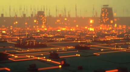 Fototapeta premium Abstract technological landscape with glowing circuits and distant structures