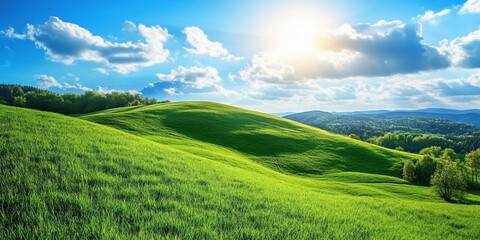 Obraz premium A hilly terrain covered in lush greenery under a bright blue sky, inviting exploration and adventure.