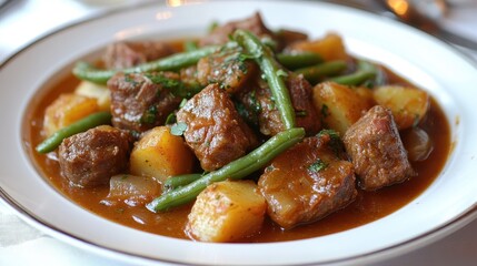 A rustic symphony of flavors unfolded on a pristine white plate, where tender stewed meat, verdant green beans, and earthy potatoes intertwined, their textures and aromas painting a picture of
