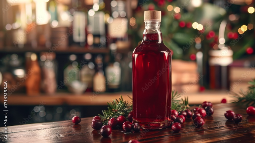 Poster fresh cranberry juice with cranberries on a bar counter with clean lines