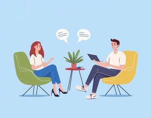 Fototapeta premium In chairs, two individuals are seated and engaged in dialogue, with a small table positioned between them