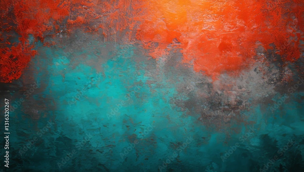 Poster a textured, abstract background is formed by mixing warm and cool colors with a blurred, grainy text