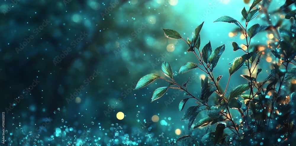 Poster luminous leaves and bokeh set against an enchanting teal and silver botanical pattern create a capti
