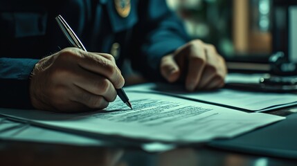  A police officer is writing on paper with a pen, in a cinematic scene