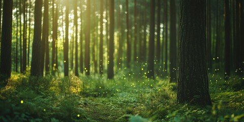 Obraz premium Enchanted Forest at Twilight Fireflies Dancing Among Trees in a Mystical Woodland Scene.