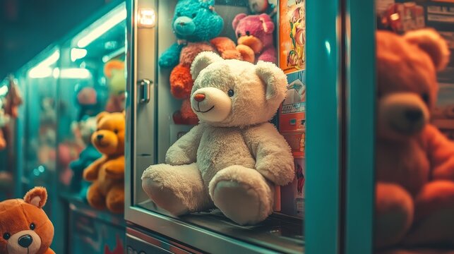 Behind the glass at a store in the amusement park wonderland, the mini claw arcade game showcase holds a large number of teddy bears