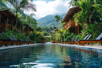 Lush tropical resort pool with wooden bungalows and mountain view.