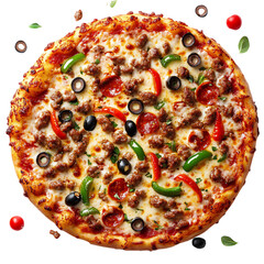 A Cheesy Pizza with Sausage Peppers and Olives Isolated on Transparent Background