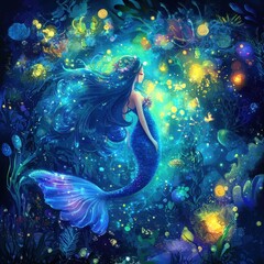 A beautiful mermaid floats gracefully amidst underwater luminescence and flora
