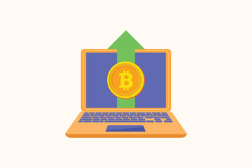 Bitcoin goes up in laptop. Crypto bitcoin digital money concept. Flat design vector illustration isolated. Minimalist flat design
