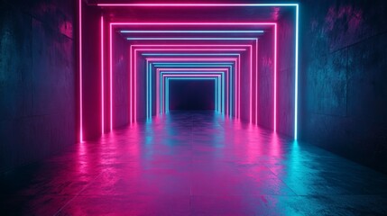 Abstract digital artwork showcasing intertwined neon light trails in vibrant pink and blue, curving dynamically against a dark background to create a futuristic sense of motion, depth, and energy