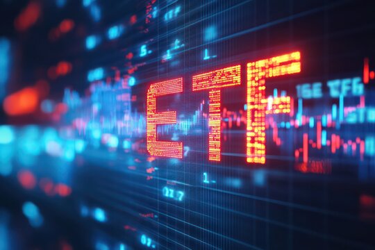 A dynamic financial visualization where the word "ETF" appears as part of a digital interface, with real-time stock prices and market data.