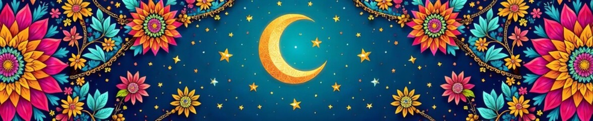 Naklejka premium - A colorful bohemian style greeting card with intricate Ramadan illustrations, illustration, Islamic, bohemian
