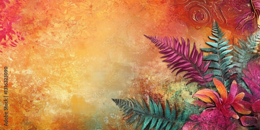 Poster Vibrant Abstract Floral Background Texture with Ferns and Textured Backdrop.