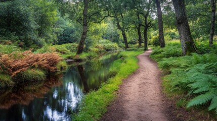 Obraz premium Dirt Path Through Fern Forest by Stream 