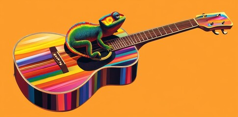 A Colorful Chameleon Perches Playfully Upon a Striped Guitar