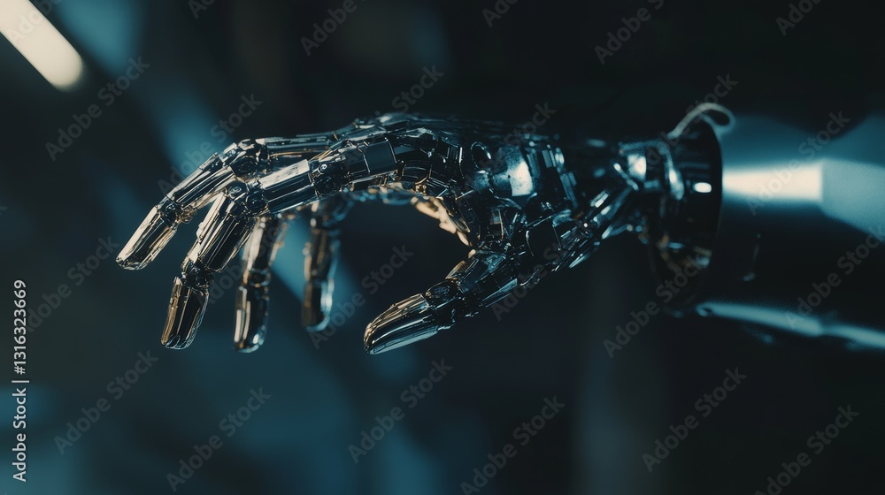 Poster futuristic concept of human and robotic arm unity in clean lines and modern technology