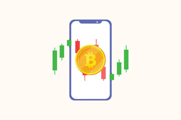 bitcoin with candlestick chart on mobile. Crypto bitcoin digital money concept. Flat design vector illustration isolated. Minimalist flat design
