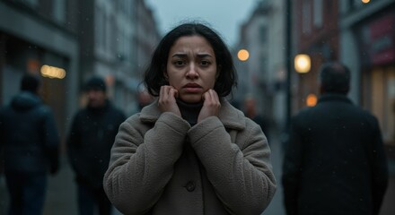 Anxious hispanic young woman in winter coat standing on a busy street