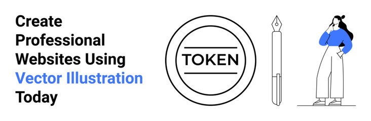 Round token emblem, modern pen tool, and a woman thinking. Ideal for creativity, design concepts, branding, education, marketing website design digital services. Great flat landing page banner