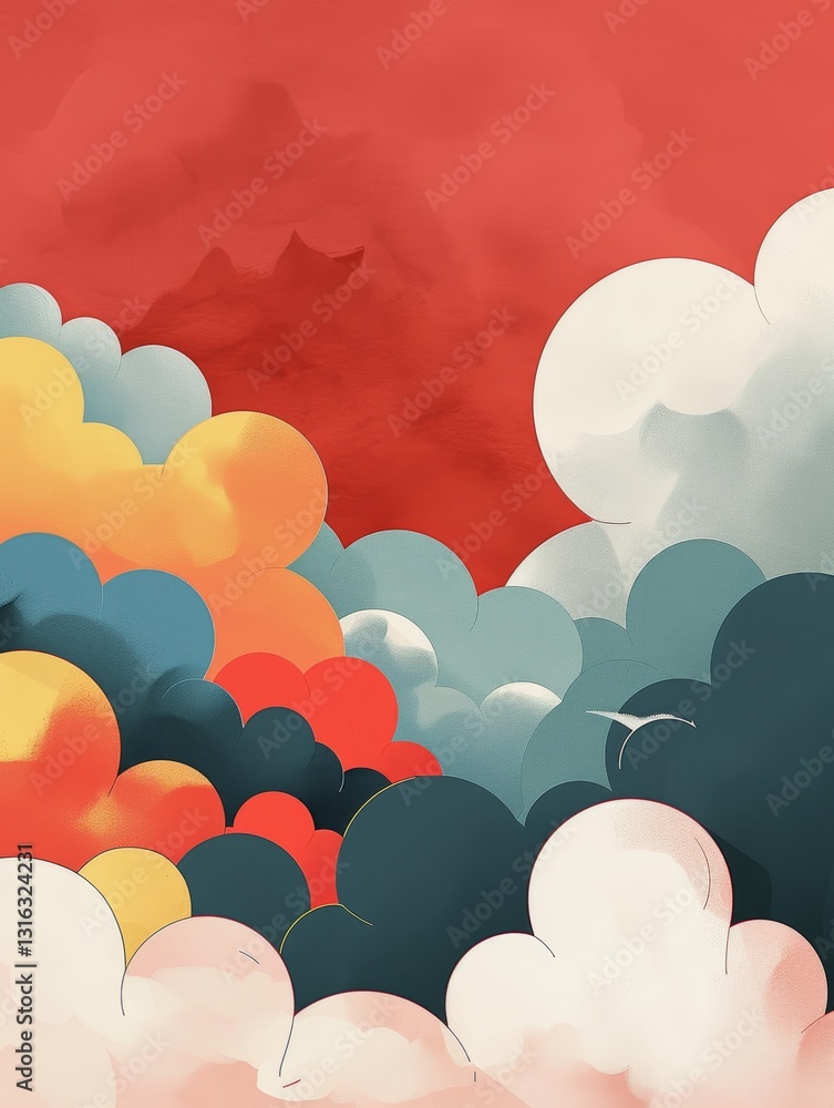 Poster geometric shapes forming a cloud on a simple red background with clean lines and flat colors
