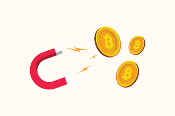 magnet attracts bitcoins. Crypto bitcoin digital money concept. Flat design vector illustration isolated. Minimalist flat design
