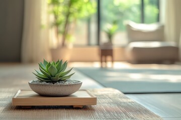 A Zen-inspired home setup with a green succulent on a wooden meditation mat, creating a peaceful ambiance