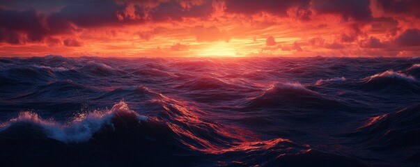 Fototapeta premium A breathtaking aerial view captures a vibrant sunset over a vast expanse of water, with hues of orange, pink, and purple reflecting on the surface, creating a serene and tranquil atmosphere.