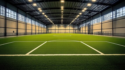 Obraz premium A large indoor soccer field with green grass, white lines, and lighting in the middle of an industrial building.
