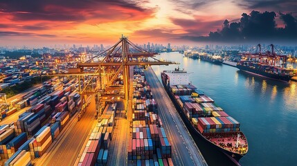 Urban Logistics Network at Sunset with Shipping Containers and Cranes