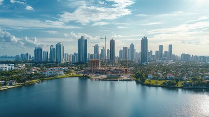 Fototapeta premium Aerial View of Urban City with Construction and Scenic Landscape