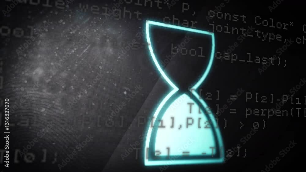 Poster animation of glowing hourglass icon with computer code in digital school setting