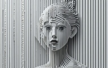 An optical illusion of a woman's face created with black and white lines on a white background, with a QR code and barcode overlay.